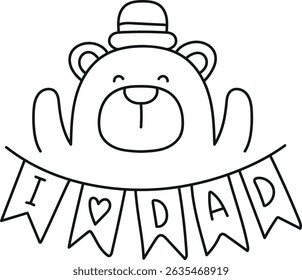 Fathers Day Bear concept. Cute bear illustration with a festive "I Love Dad" banner. in thin line style