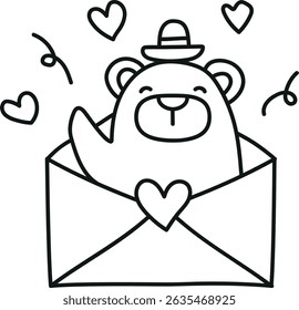 Fathers Day Bear concept. Cute bear in a hat peeking out of a love letter envelope. in thin line style