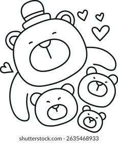 Fathers Day Bear concept. Cute cartoon bears with hearts and a hat bonding together. in thin line style