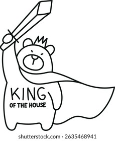 Fathers Day Bear concept. Cute bear hero with a sword and cape, labeled "King of the House. in thin line style