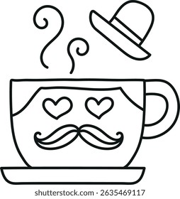 Fathers Day Bear concept. Cute cartoon coffee cup with hearts and a hat, giving a whimsical vibe. in thin line style