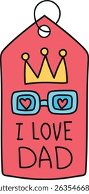 Fathers Day Bear concept. Gift tag design celebrating love for dad with glasses and crown illustration. in color line style