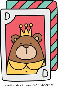 Fathers Day Bear concept. Illustration of a bear dressed as a king on a playing card. in color line style