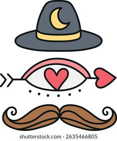 Fathers Day Bear concept. Playful illustration featuring a hat, eye, heart, and mustache. in color line style