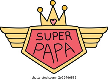 Fathers Day Bear concept. Superhero badge design for a father figure with wings and a crown. in color line style