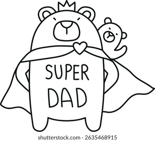 Fathers Day Bear concept. Superhero bear with a cub, celebrating fatherhood and love. in thin line style
