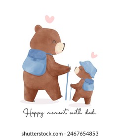 Fathers day bear happy baby and daddy bear hiking together Heartwarming Cartoon Illustration