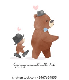 Fathers day bear happy baby walking follow daddy step watercolor Heartwarming Cartoon Illustration