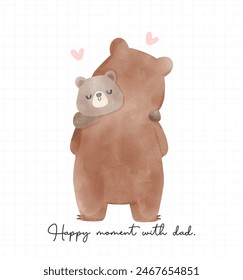 Fathers day bear watercolor baby sleeping on daddy shoulder Heartwarming moment Cartoon Illustration