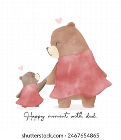 Vätertag Bär Aquarell Baby und Papa halten Hand zusammen Heartwärming Moment Cartoon Illustration