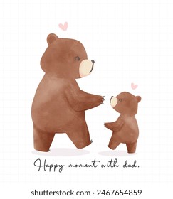 Fathers day bear watercolor daddy and baby walking together Heartwarming moment Cartoon Illustration