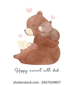 Fathers day bear watercolor happy daddy and baby reading book together Heartwarming Cartoon Illustration