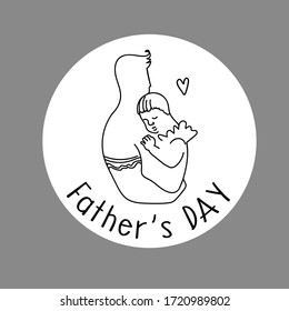 Father's Day. Beautiful line art drawing of father and little dauther on white round background isolated. Greeting card design, sticker, logo. Black and white. Doodle illustration.