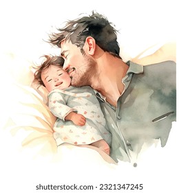 Father's day. Beautiful watercolor card father with kid. Isolated white background. Cartoon vector. Greeting card. Baby banner.