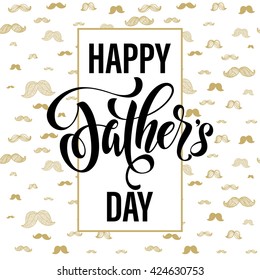 Father's Day Best Dad vector greeting card. Gold moustache pattern. Hipster concept design. Title calligraphy lettering text. Quote