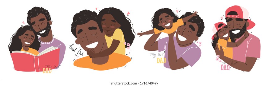 Fathers day. Black african american daughter hugs dad and smiling. Family holiday and togetherness.