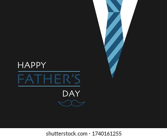 Fathers day with black tuxedo and necktie. Holiday for daddies or papa. Best father ever. Mustache icon with greeting text in blue and white. Simple flat style. Family holiday. Happy fathers day. EPS