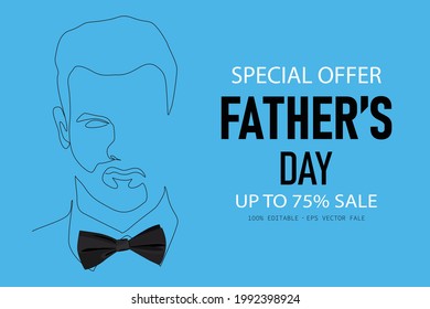 Father's day. Blue ad sale banner with abstract contour silhouette of a man wearing a black bow tie. Vector editable template.