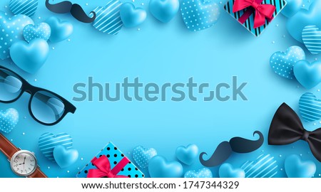 Father's Day blue background with flatlay of Glasses,Necktie,Watch and Gifts for dad. Greetings and presents for Father's Day.Promotion and shopping template for love dad concept