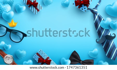 Father's Day blue background with flatlay of Glasses,Necktie,Watch and Gifts for dad. Greetings and presents for Father's Day.Promotion and shopping template for love dad concept