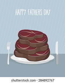 Father's day. Bunch of delicious mouth-watering beef steaks. Food for men. Vector illustration.  Congratulation card.