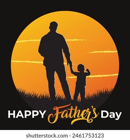 Father's day card with beautiful afternoon father standing with his son. Modern typography, holiday greetings. Father's day template for poster, cover, banner, social media. vector illustration