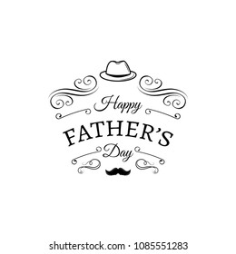 Fathers day card. Bowler hat, Mustache, Decorations. Dad greeting. Happy Fathers day lettering. Swirls, scroll filigree frame. Greeting card with decorations. Vector illustration.