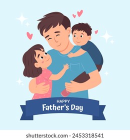 Father's Day card with cute  illustrations of dad with son and daughter, modern typography Father's Day. Templates for poster, cover, banner, social media