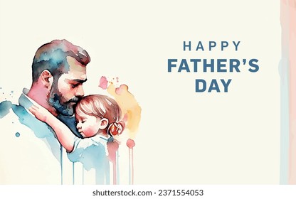 Fathers Day card with cute watercolor illustration of dad with son together, modern typography, holiday wishes. Father's Day templates for poster, cover, banner, social media