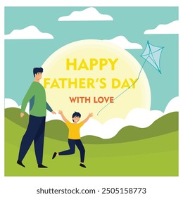 Fathers Day card with cute watercolor  of father with son flying a kite and walking together. Flat vector modern illustration 