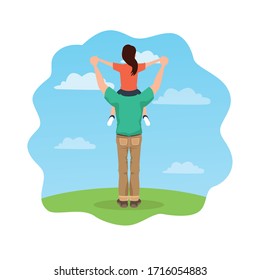 fathers day card with dad carrying daughter characters vector illustration design