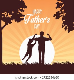 fathers day card with dad carrying son characters vector illustration design