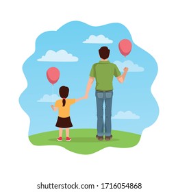 fathers day card dad and daughter with balloons helium vector illustration design