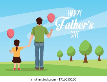 fathers day card dad and daughter with balloons helium vector illustration design