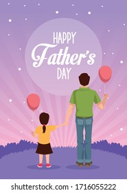 fathers day card dad and daughter with balloons helium vector illustration design