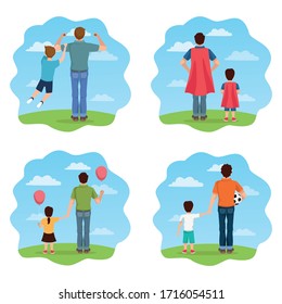 fathers day card with daddies and kids characters vector illustration design