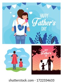 fathers day card with daddies and kids characters vector illustration design