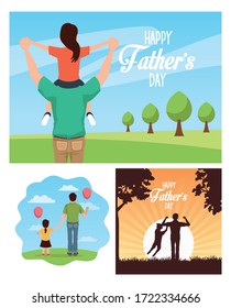 fathers day card with daddies and kids characters vector illustration design