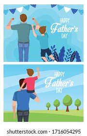 fathers day card with daddies and sons characters vector illustration design