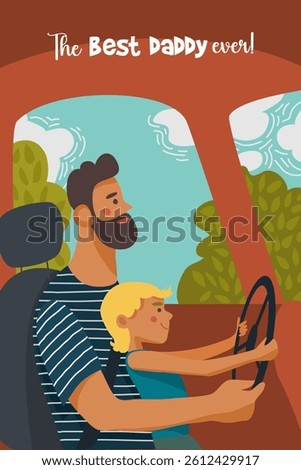 Fathers Day card design. The dad guiding his son on how to steer the car. Vector illustration
