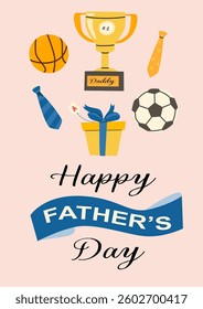 Father's day card design with trophy, ball, gift, and tie elements on pink background.