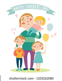 Father's Day Card. Family Illustration of dad son and daughters in cartoon style. Good for greetings and holiday invitations