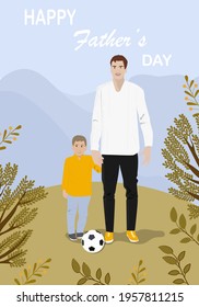 Father's day card. Father and son in the park. Cute boy with dad plays football outdoors.