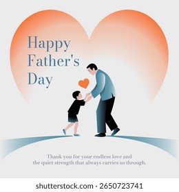 A Father's Day card featuring a heartwarming scene of a father and son holding hands in front of a large heart.