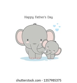 Father's Day card with funny cartoon characters Dad Elephant and his baby