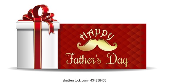 Father's Day card. Gift box on the background of a greeting card.  Gold lettering on a red background - Happy Father's Day. Vector illustration