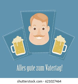 Father's Day card. Happy father with two glasses of beer. German greeting "Alles gute zum Vatertag!", which means "Happy Father's Day". Vector art. 