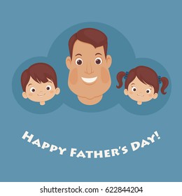 Father's Day card. Happy father, son and daughter. Vector art. 