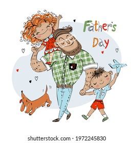 Father's Day card for the holiday.  A father with a daughter with a son and a pet dog with a red dachshund. Vector.