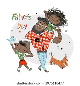 Father's Day card for the holiday.  A father with a daughter with a son and a pet dog with a red dachshund. Dark skin color.Vector.